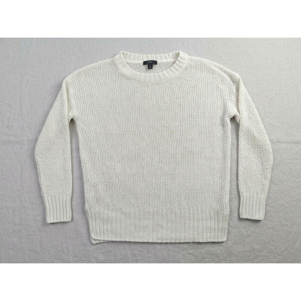 JCrew White Open Knit Linen Blend Crewneck Sweater Pullover Slouchy Womens L